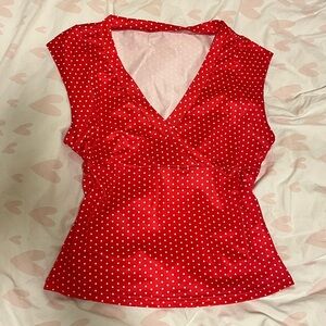 red polka dot v-neck top